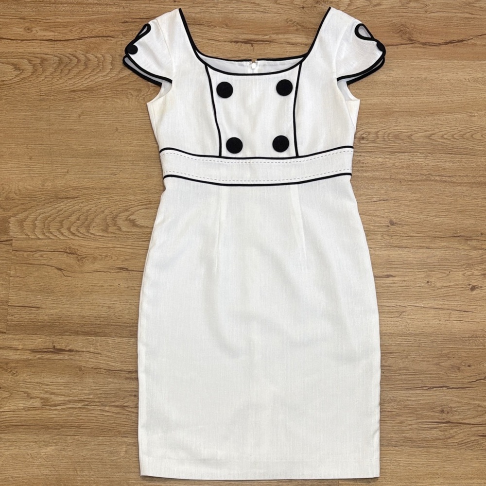 Eve NY White & Black Trim Sheath Dress – Size S – Excellent Condition